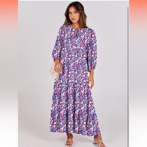 NWT Women’s Floral Flowy Boho Maxi Dress with Puff Sleeves Size Small
